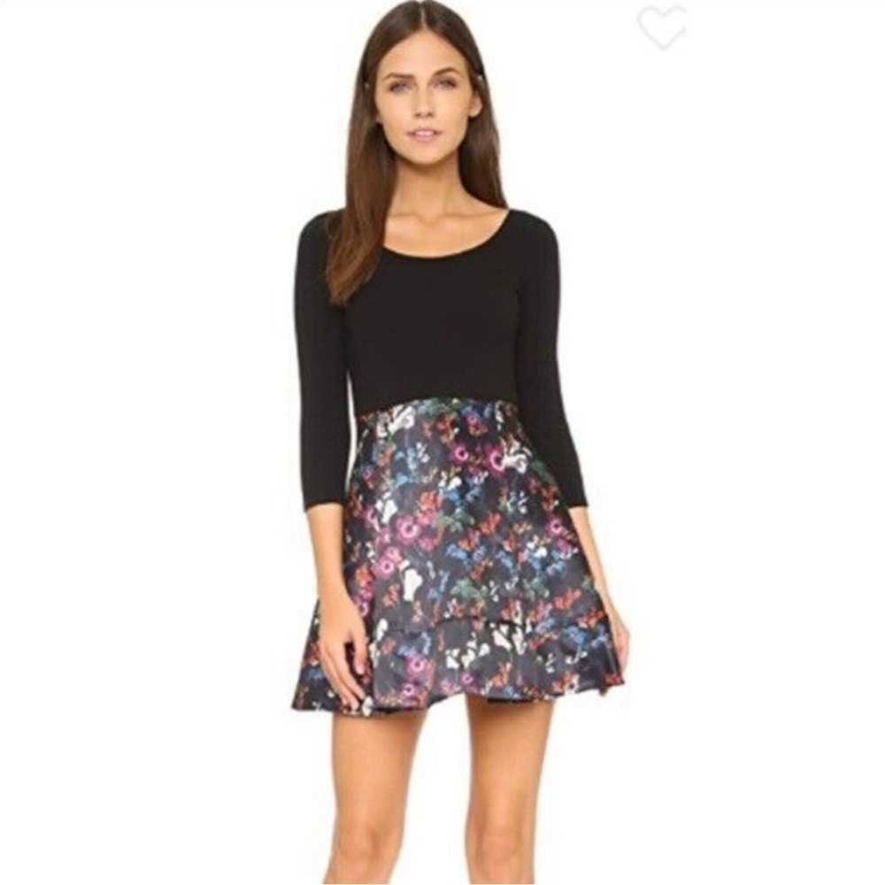 alice + olivia Amie‎ Fall Garden Print Black Long Sleeve Fit Flare Dress Sz 6